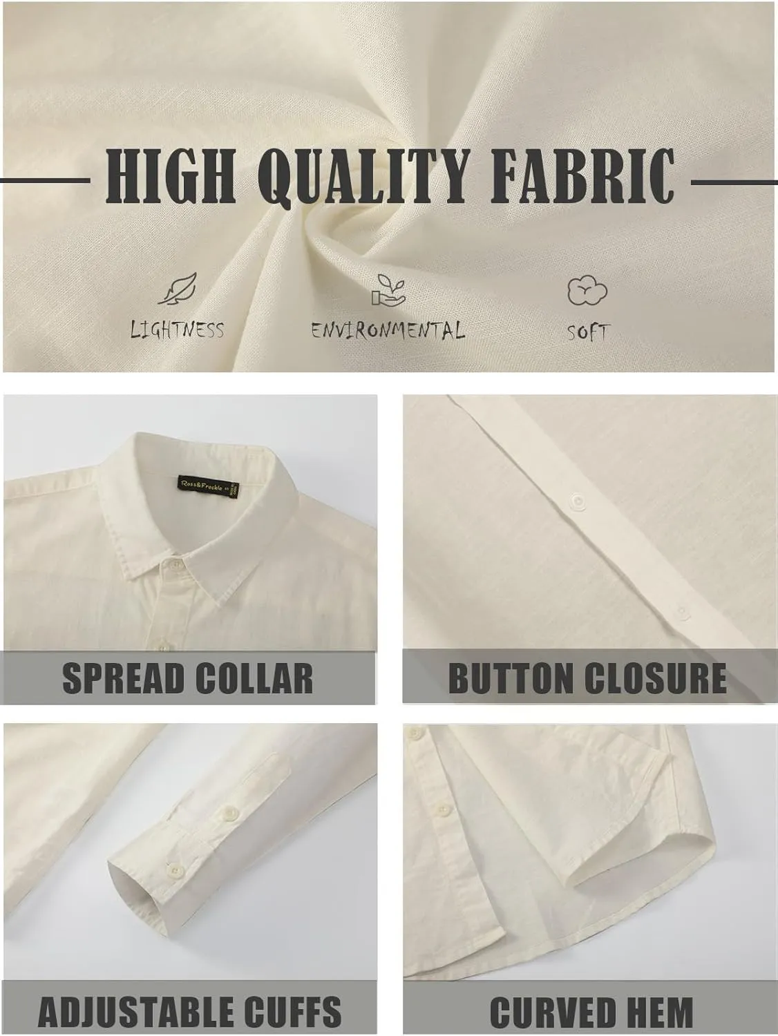 Ross&Freckle Men's Casual Button Down Long Sleeve Shirt Cotton Linen Shirts