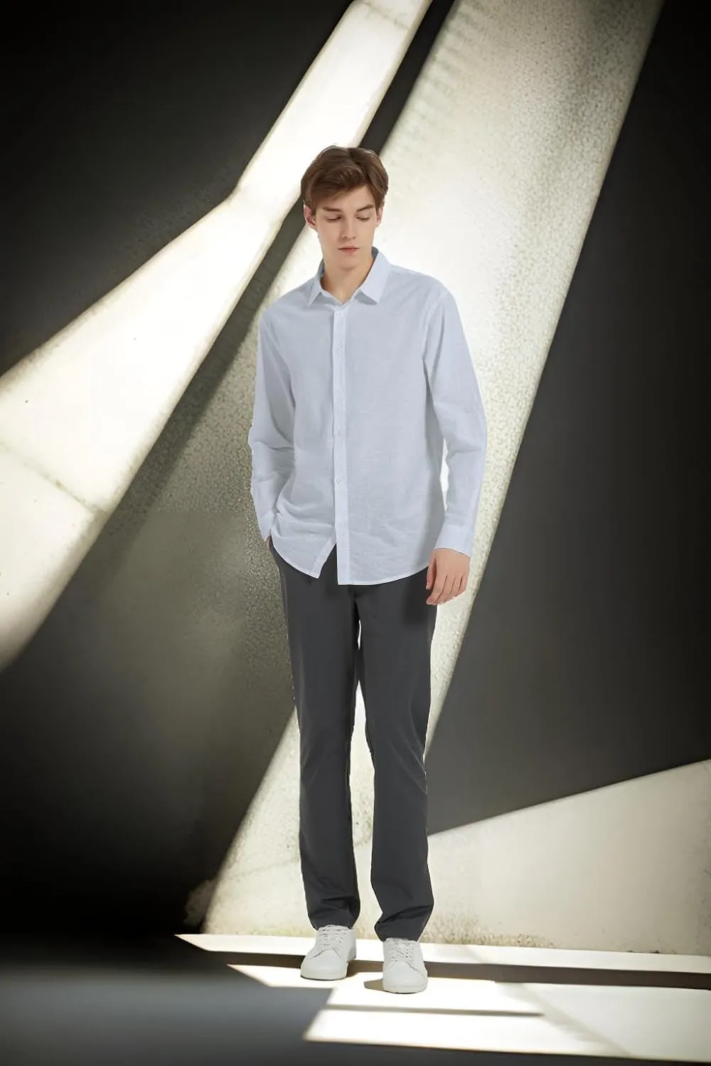 Ross&Freckle Men's Casual Button Down Long Sleeve Shirt Cotton Linen Shirts