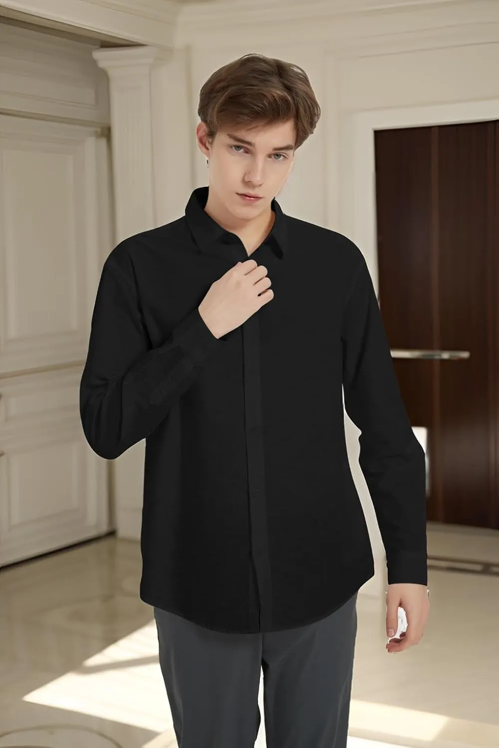 Ross&Freckle Men's Casual Button Down Long Sleeve Shirt Cotton Linen Shirts