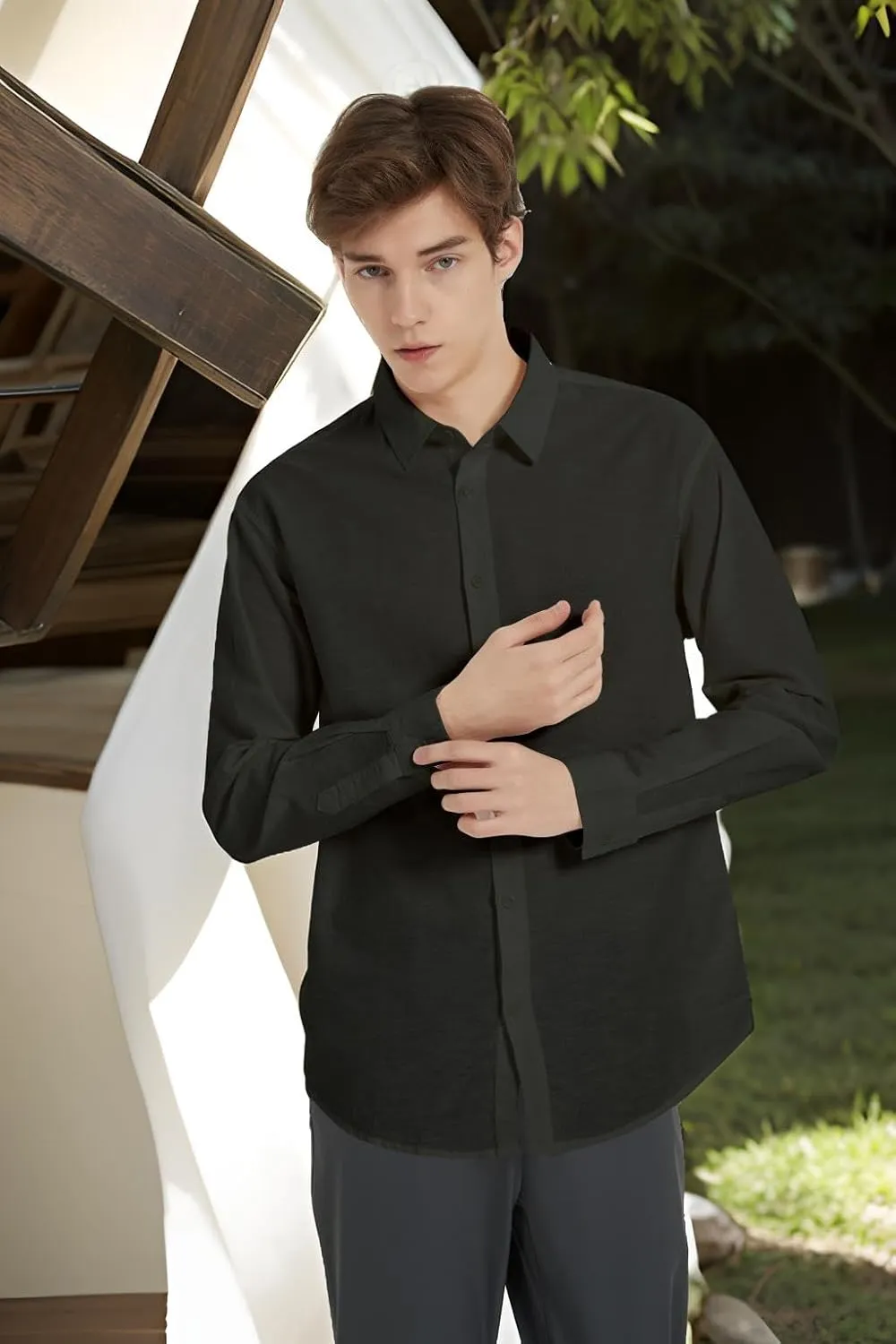 Ross&Freckle Men's Casual Button Down Long Sleeve Shirt Cotton Linen Shirts