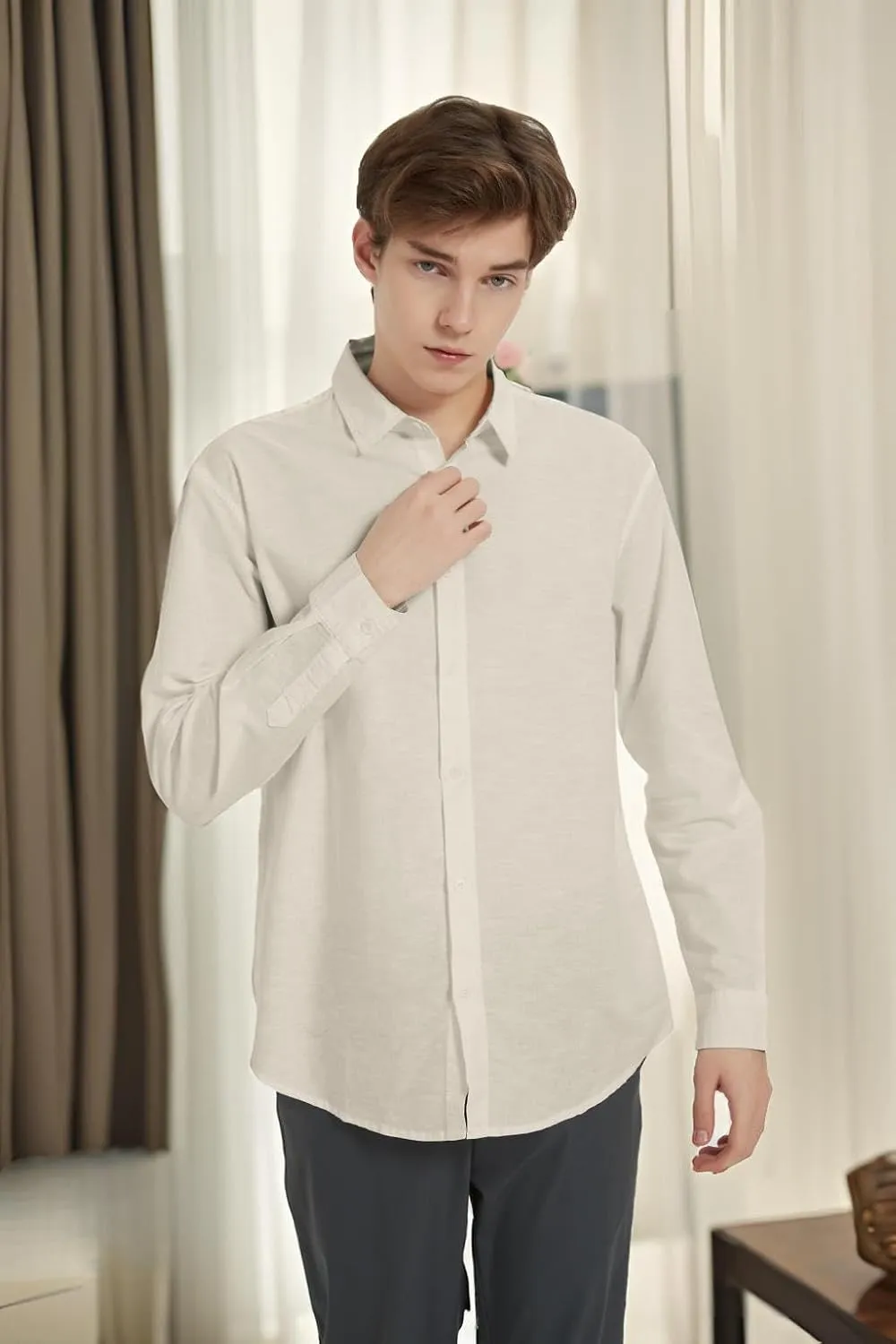 Ross&Freckle Men's Casual Button Down Long Sleeve Shirt Cotton Linen Shirts