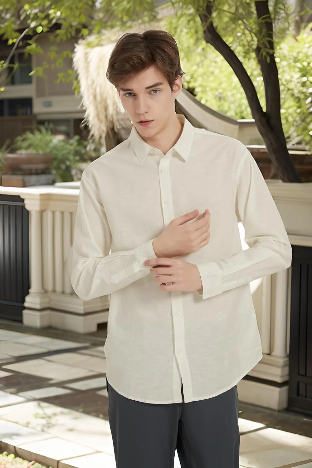 Ross&Freckle Men's Casual Button Down Long Sleeve Shirt Cotton Linen Shirts
