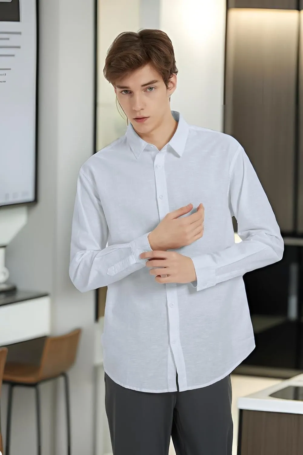 Ross&Freckle Men's Casual Button Down Long Sleeve Shirt Cotton Linen Shirts