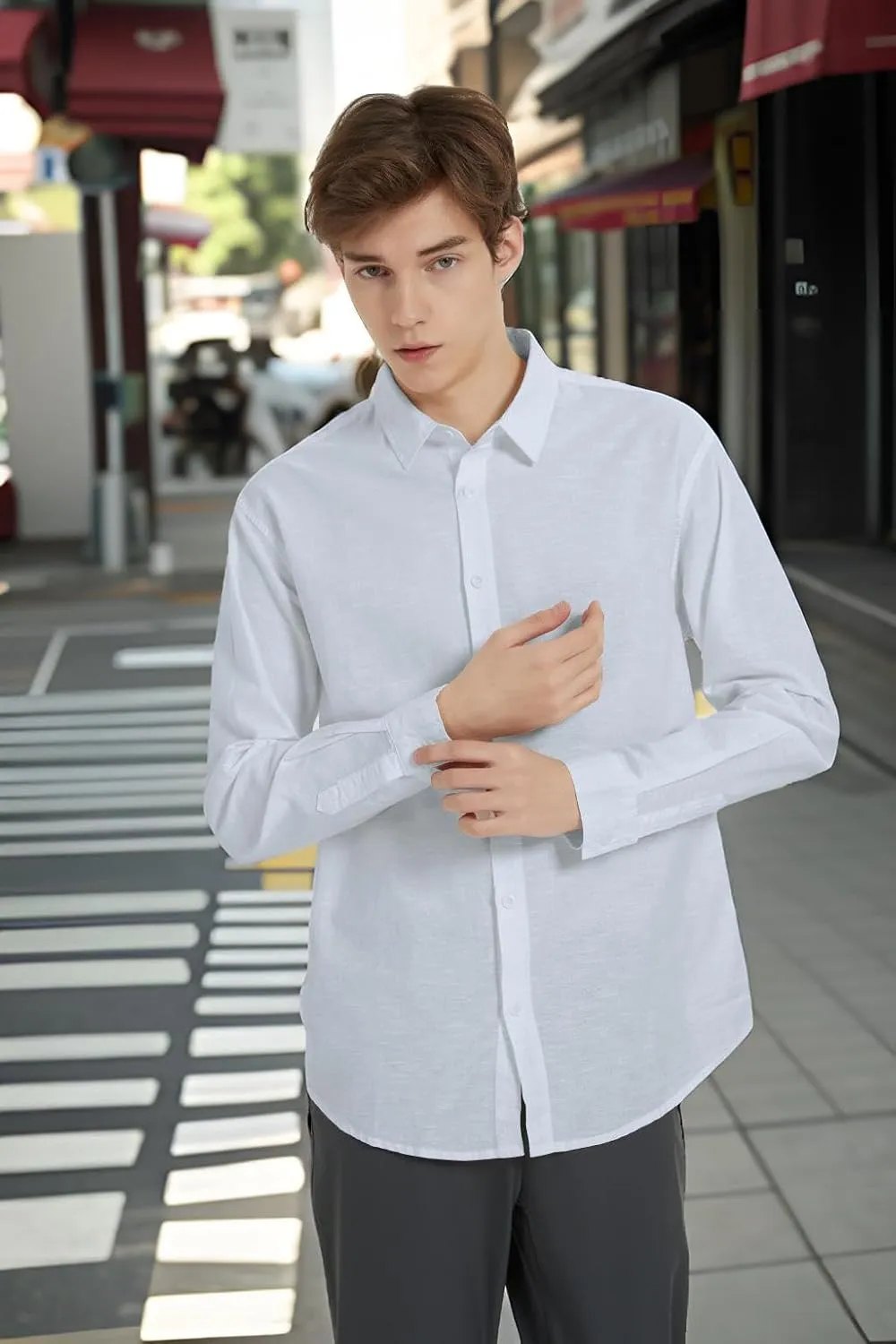 Ross&Freckle Men's Casual Button Down Long Sleeve Shirt Cotton Linen Shirts