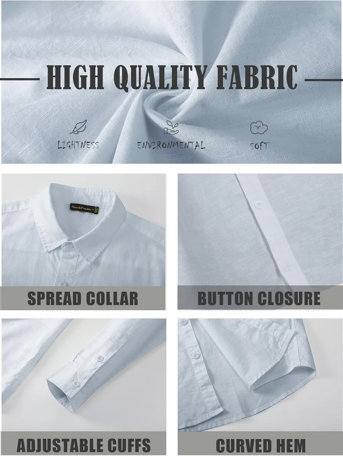 Ross&Freckle Men's Casual Button Down Long Sleeve Shirt Cotton Linen Shirts