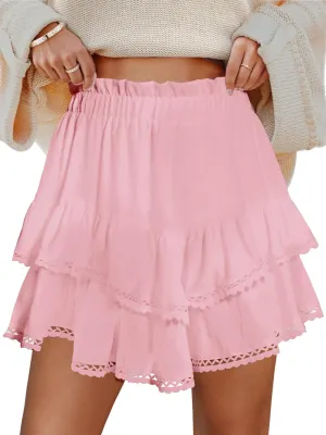 Ruffle Skorts for Woman Boho Tiered Flowy Short Skirt High Waist Mini Skirts Casual Summer Beach Outfits