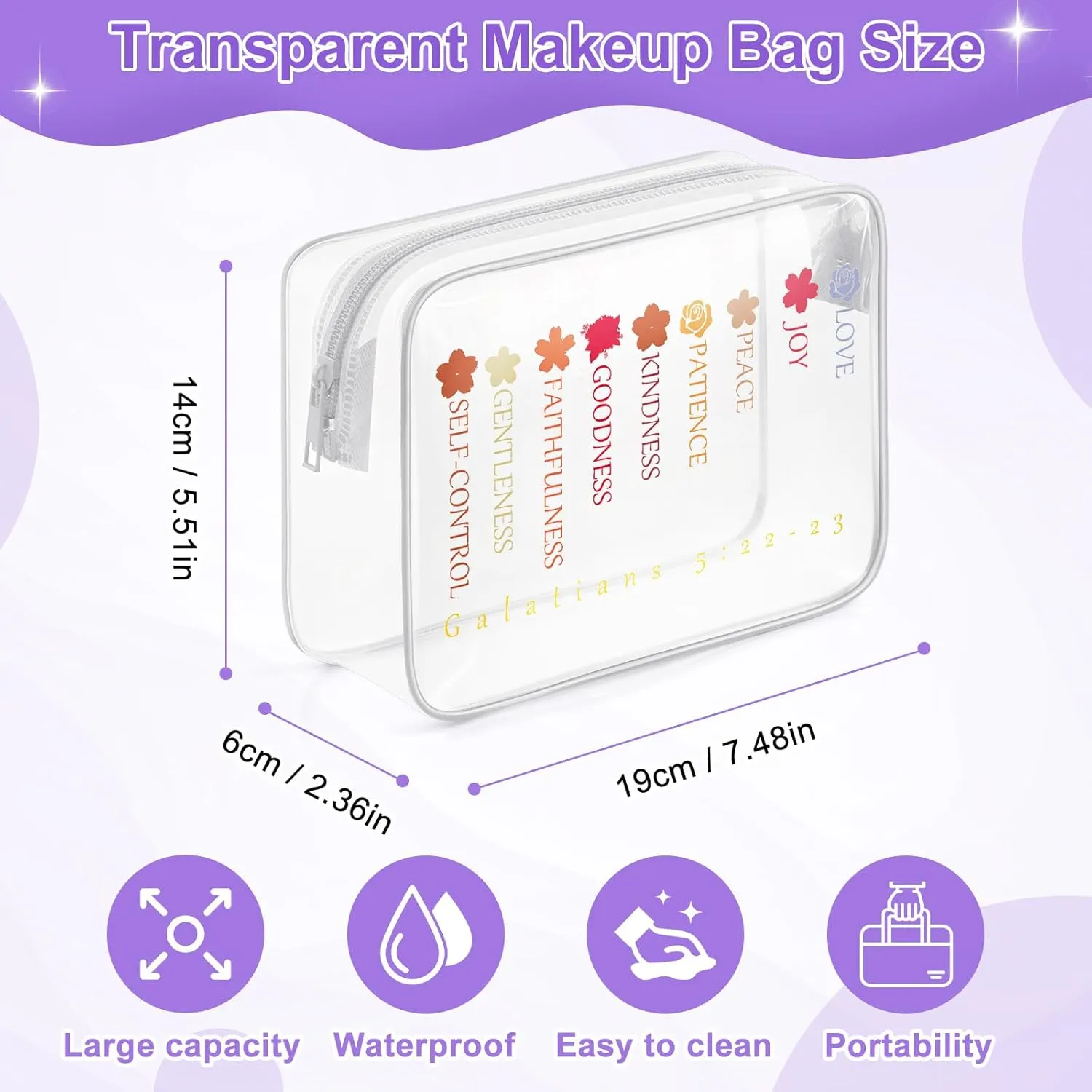 Sazuwu Christian Gifts for Women Faith Clear Makeup Bags with Zipper Bible Verse Gifts for Girls Inspirational Gifts for Women Friends Religious Cosmetic Travel Bag Organizer Galatians 5 22-23