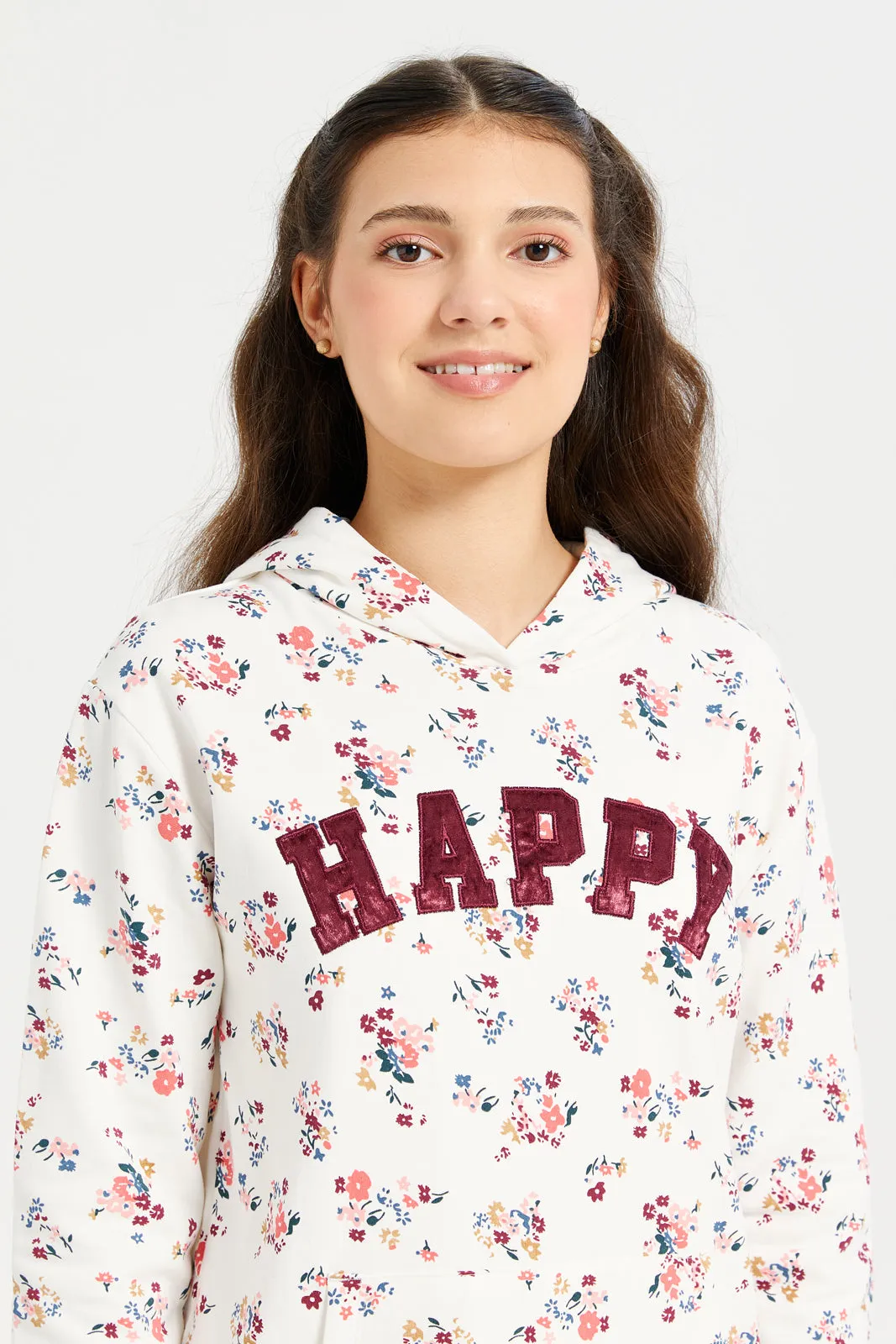 Senior Girls Cream Ditsy Print Hooded Sweatshirt