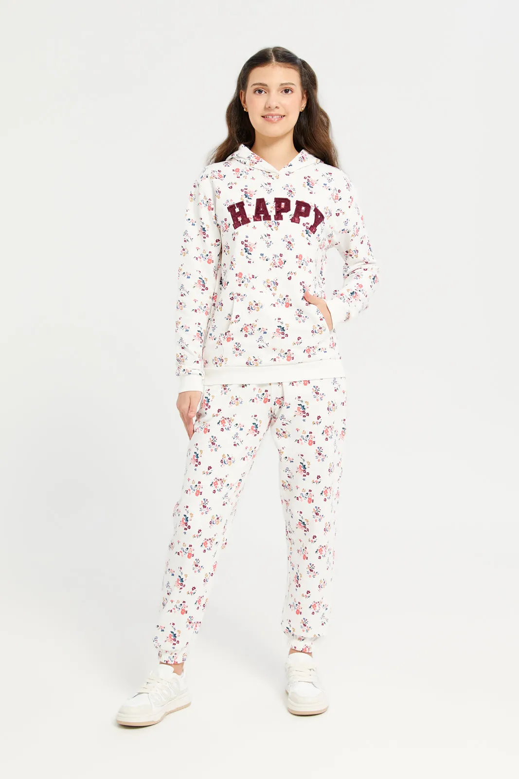 Senior Girls Cream Ditsy Print Hooded Sweatshirt