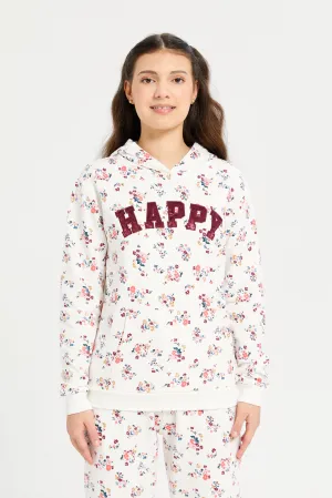 Senior Girls Cream Ditsy Print Hooded Sweatshirt