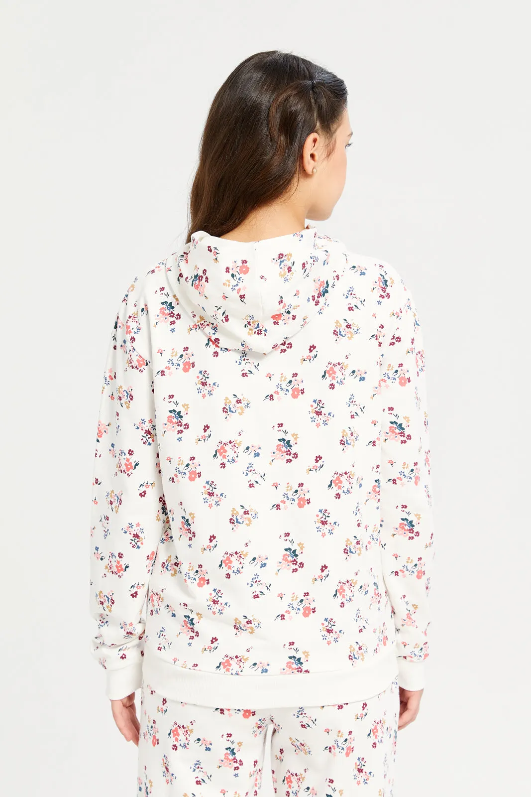Senior Girls Cream Ditsy Print Hooded Sweatshirt