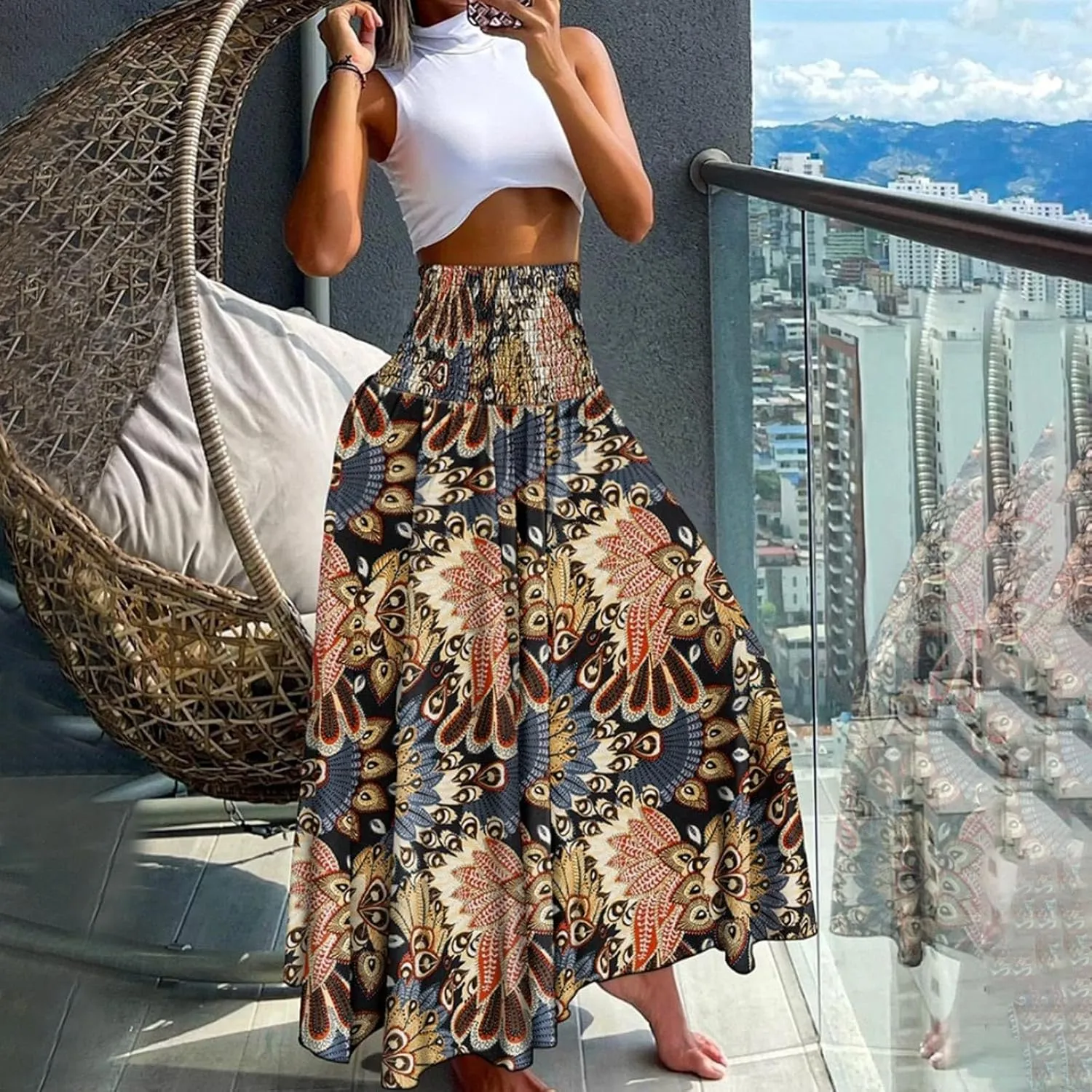 Skirts for Women Trendy Summer Ruffle Smocked High Waist Stretch Bohemian Skirt Fashion Floral Print Boho Maxi Skirts