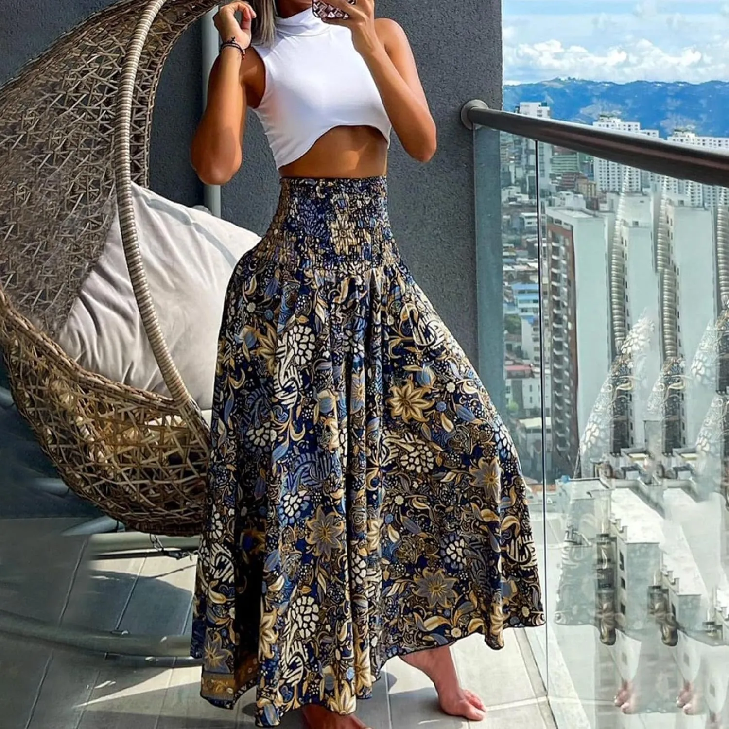 Skirts for Women Trendy Summer Ruffle Smocked High Waist Stretch Bohemian Skirt Fashion Floral Print Boho Maxi Skirts