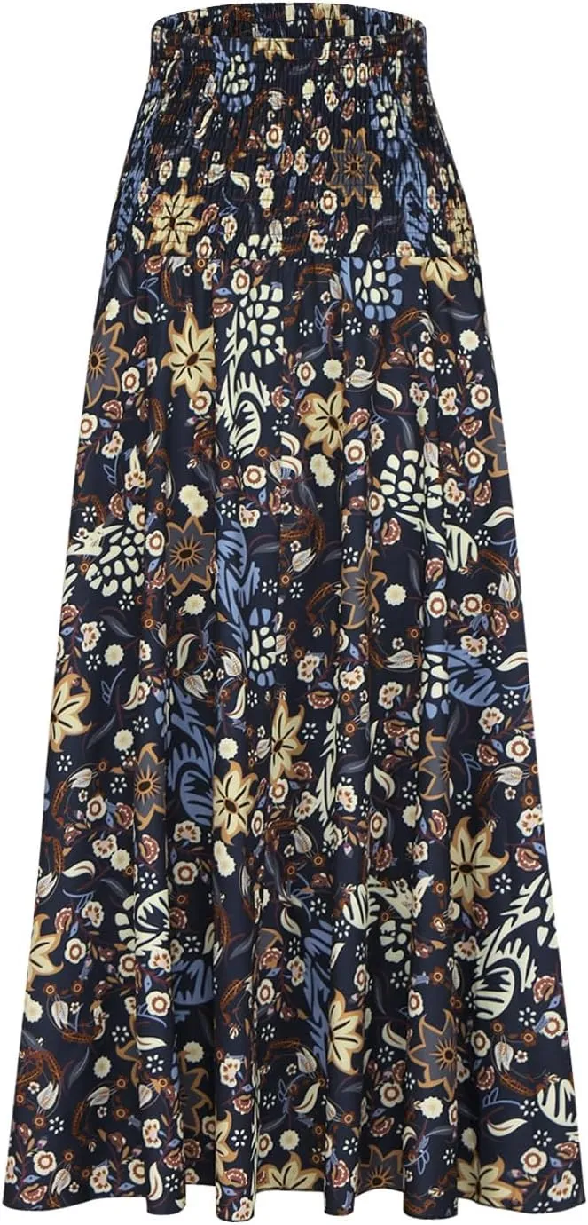 Skirts for Women Trendy Summer Ruffle Smocked High Waist Stretch Bohemian Skirt Fashion Floral Print Boho Maxi Skirts