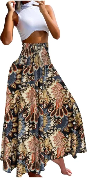 Skirts for Women Trendy Summer Ruffle Smocked High Waist Stretch Bohemian Skirt Fashion Floral Print Boho Maxi Skirts