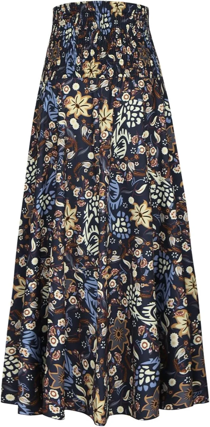 Skirts for Women Trendy Summer Ruffle Smocked High Waist Stretch Bohemian Skirt Fashion Floral Print Boho Maxi Skirts