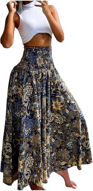 Skirts for Women Trendy Summer Ruffle Smocked High Waist Stretch Bohemian Skirt Fashion Floral Print Boho Maxi Skirts