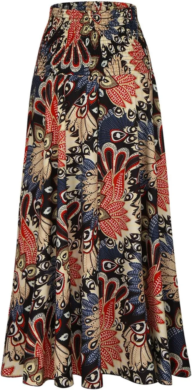 Skirts for Women Trendy Summer Ruffle Smocked High Waist Stretch Bohemian Skirt Fashion Floral Print Boho Maxi Skirts
