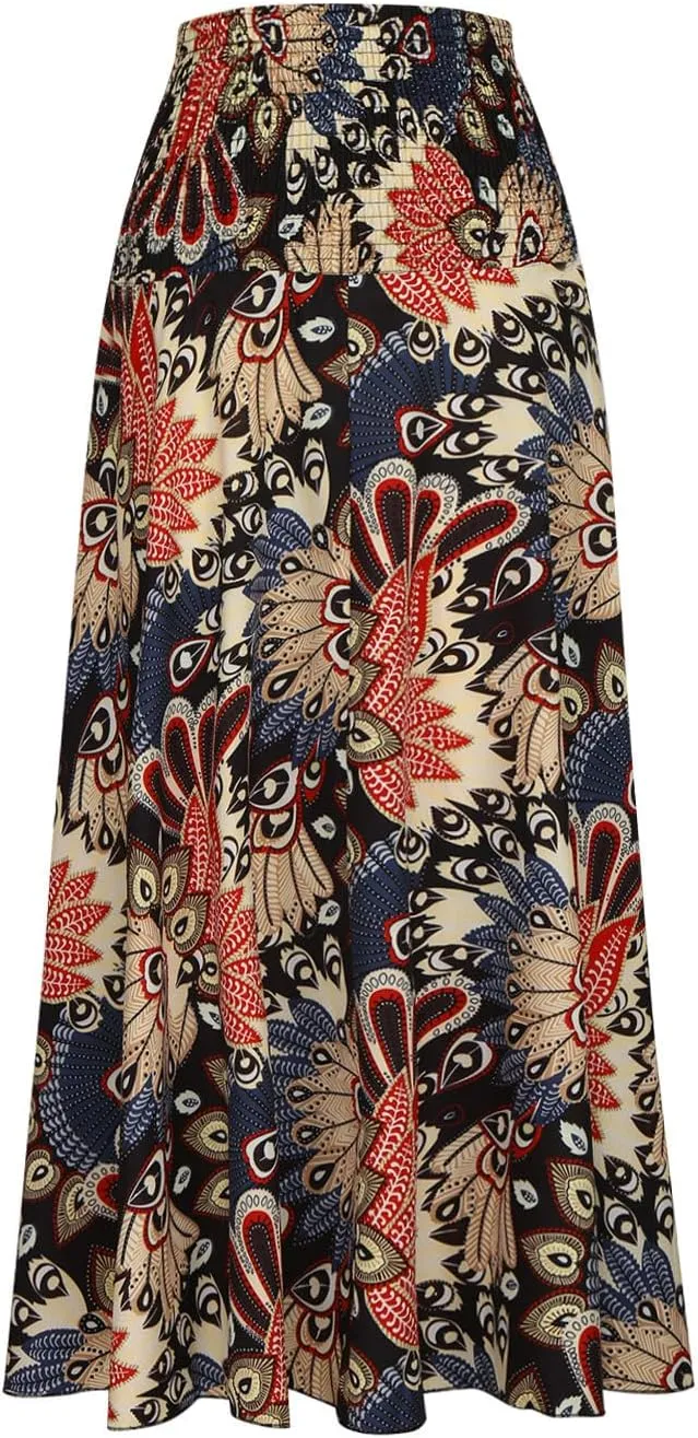 Skirts for Women Trendy Summer Ruffle Smocked High Waist Stretch Bohemian Skirt Fashion Floral Print Boho Maxi Skirts