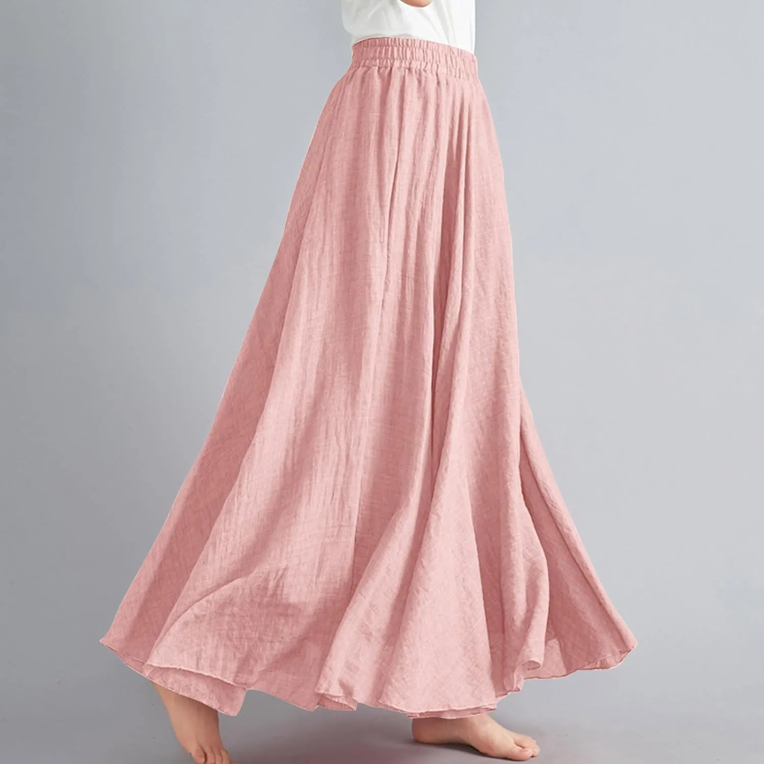 Solid Color Linen Skirts for Women Holiday Boho Ruched Stretch Hight Waist Basic Womens Maxi Skirt 2025 Y2K