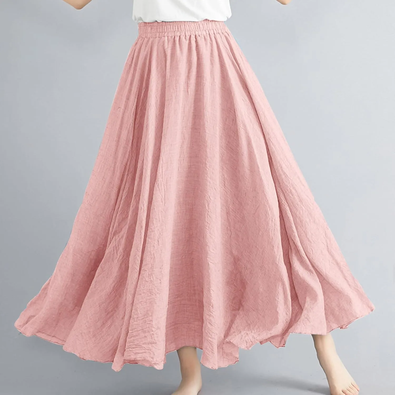 Solid Color Linen Skirts for Women Holiday Boho Ruched Stretch Hight Waist Basic Womens Maxi Skirt 2025 Y2K
