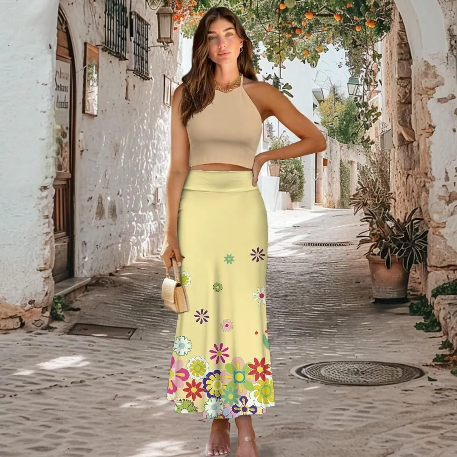 Summer Skirt for Women Empire Waist Dress Pencil Skirts with Side Zipper Lightweight Long Maxi Skirts Bohemian Skirt