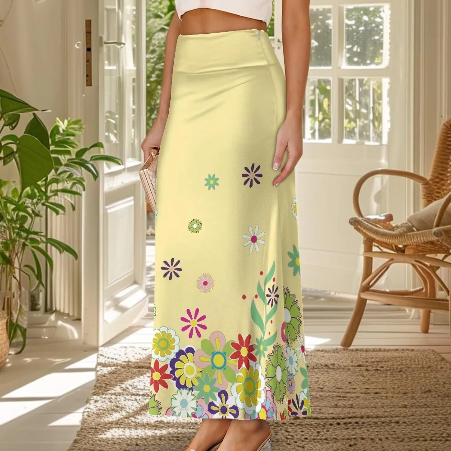 Summer Skirt for Women Empire Waist Dress Pencil Skirts with Side Zipper Lightweight Long Maxi Skirts Bohemian Skirt