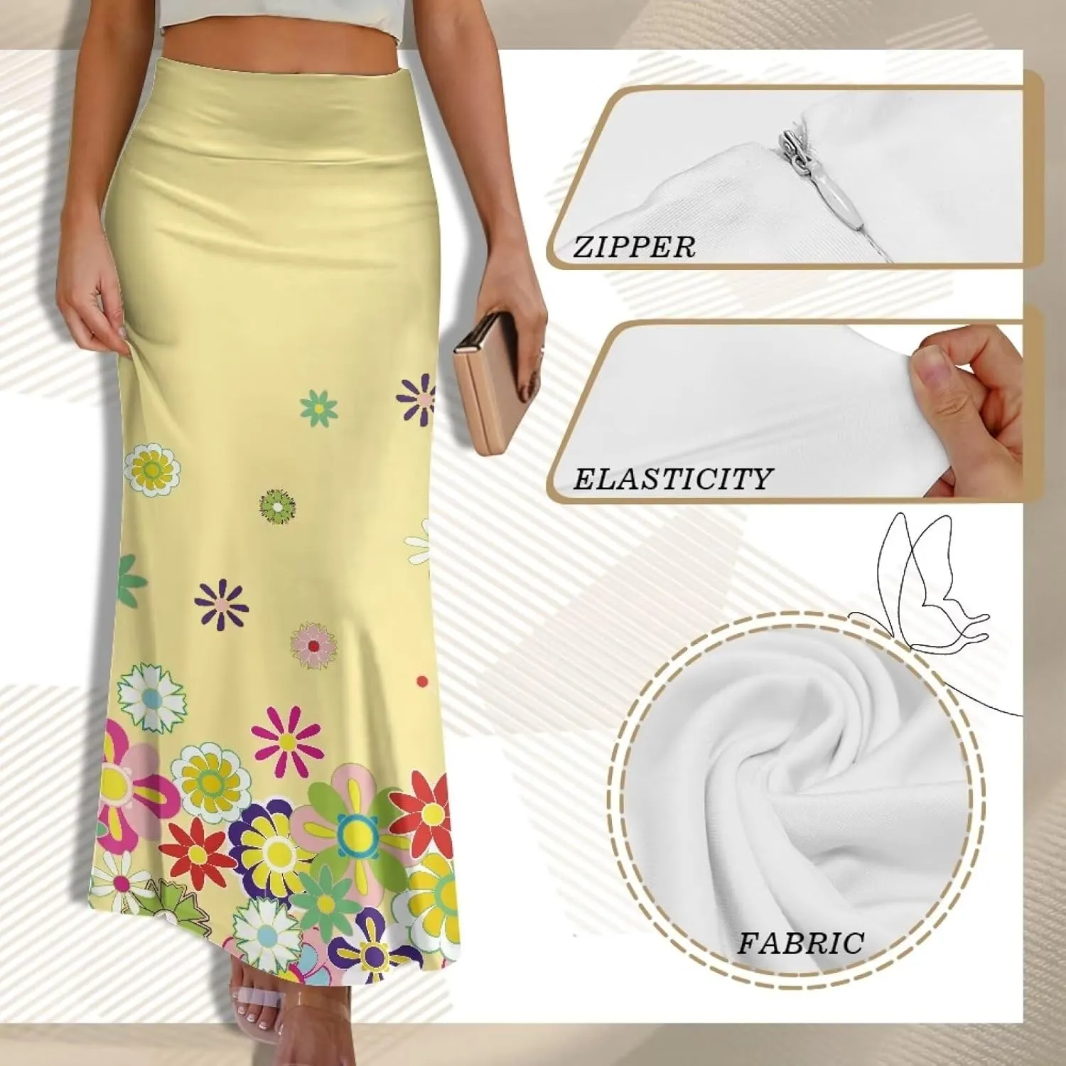 Summer Skirt for Women Empire Waist Dress Pencil Skirts with Side Zipper Lightweight Long Maxi Skirts Bohemian Skirt