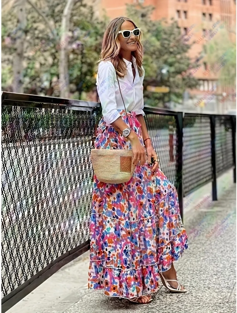 Summer Womens Casual Long Maxi Skirt,Women Dress Bohemian Style Skirts Beach Vacation Big Skirt