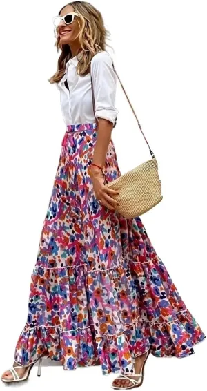 Summer Womens Casual Long Maxi Skirt,Women Dress Bohemian Style Skirts Beach Vacation Big Skirt