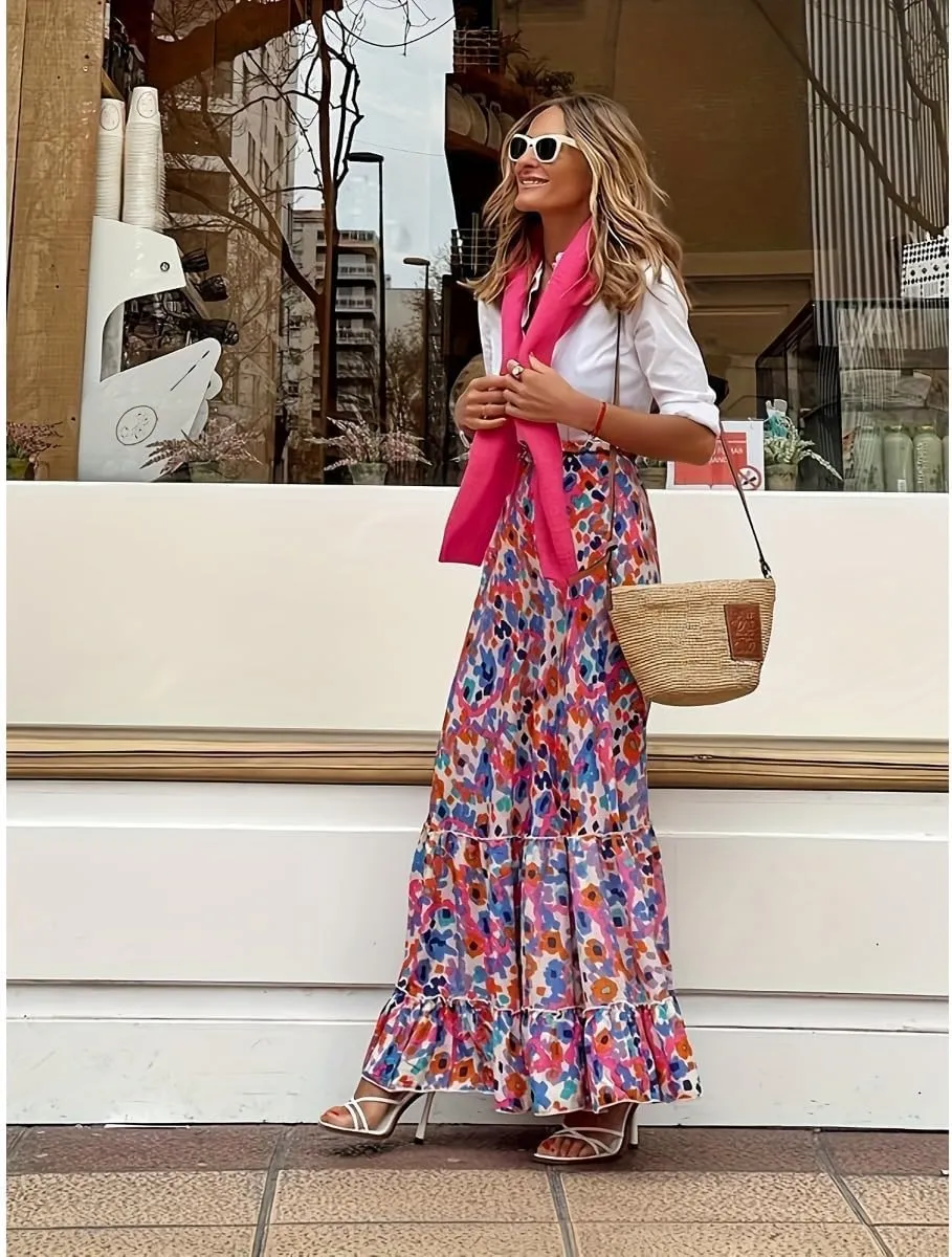 Summer Womens Casual Long Maxi Skirt,Women Dress Bohemian Style Skirts Beach Vacation Big Skirt
