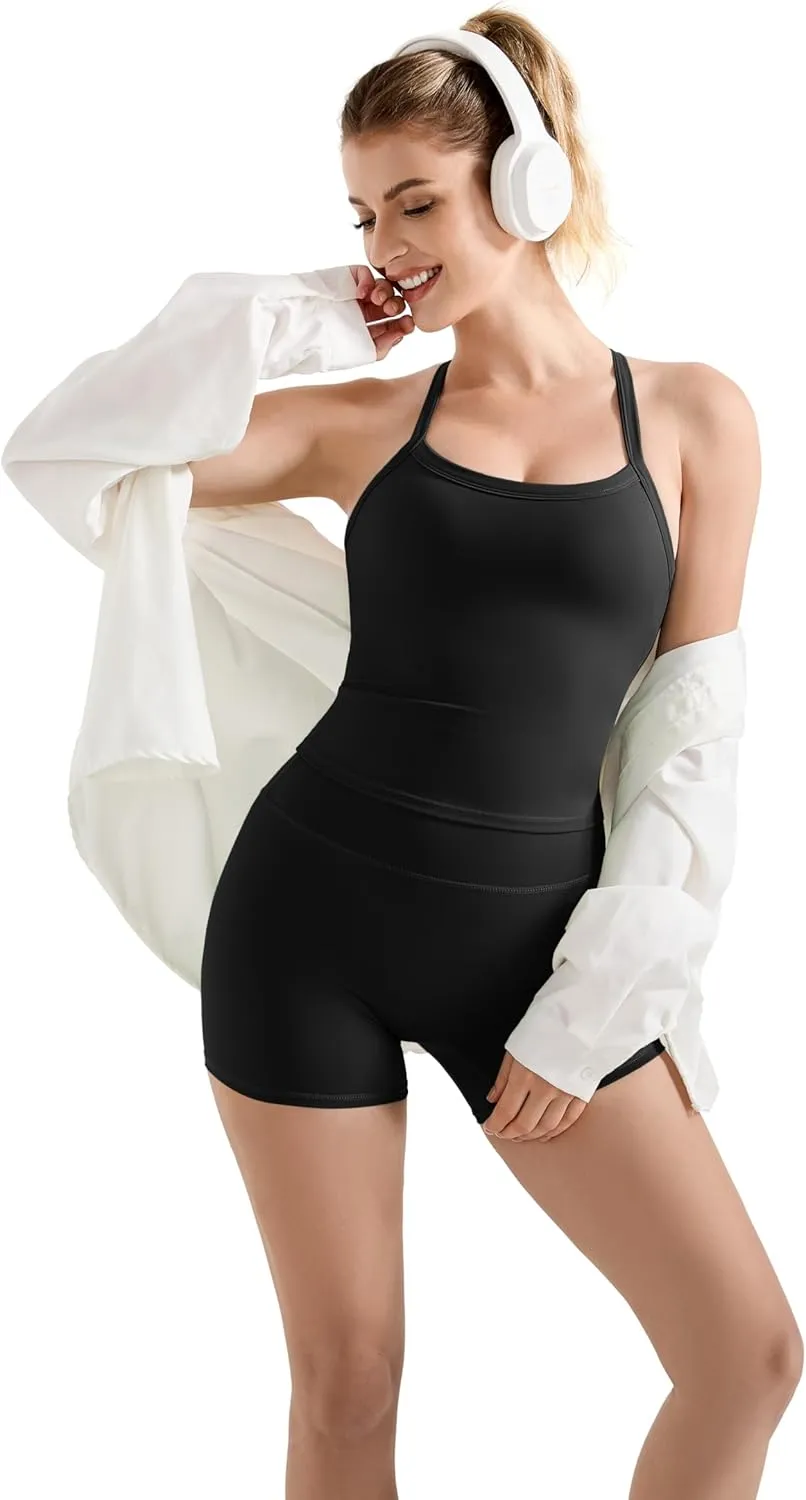 SUUKSESS Women 2 Piece Workout Sets High Waisted Tummy Control Biker Shorts Halter Backless Tank Tops