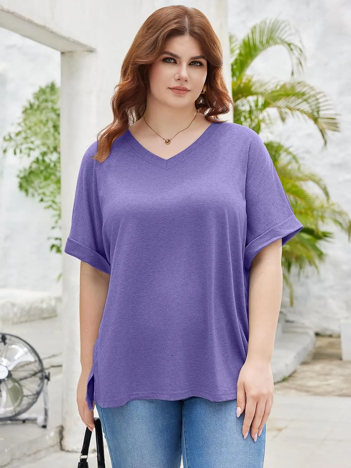 TAKEYAL Plus Size Tops for Women Rolled Sleeve V Neck Side Split T Shirts Stylish Tees Summer Casual Shirts XL-5XL