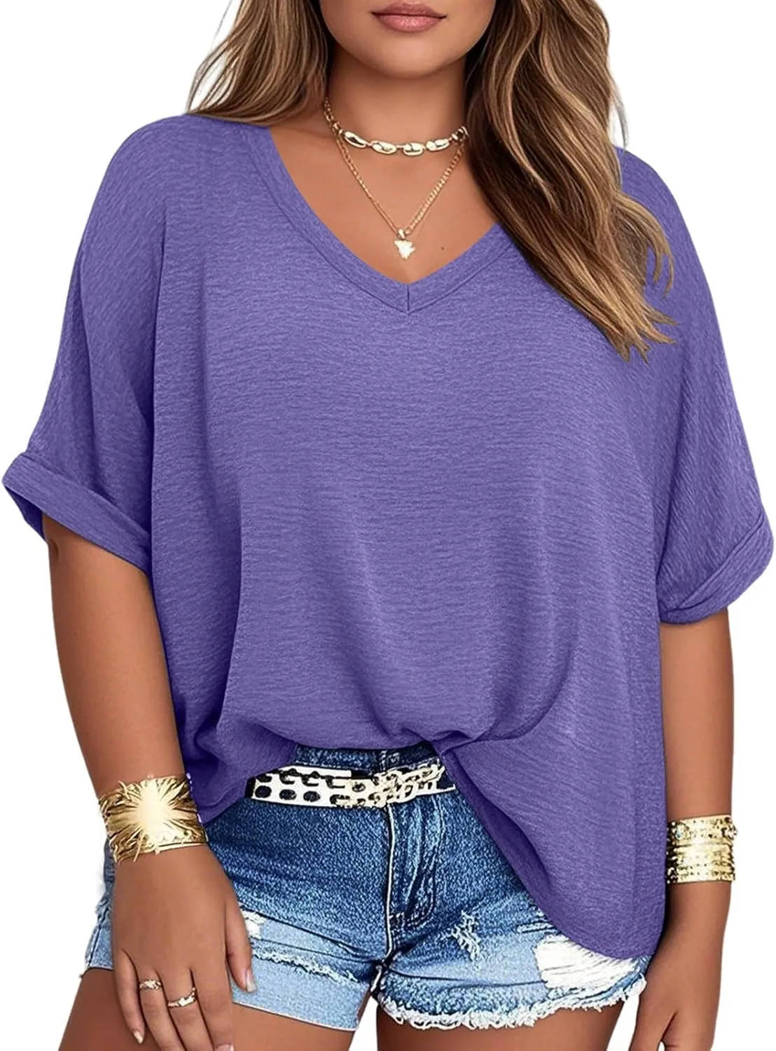TAKEYAL Plus Size Tops for Women Rolled Sleeve V Neck Side Split T Shirts Stylish Tees Summer Casual Shirts XL-5XL