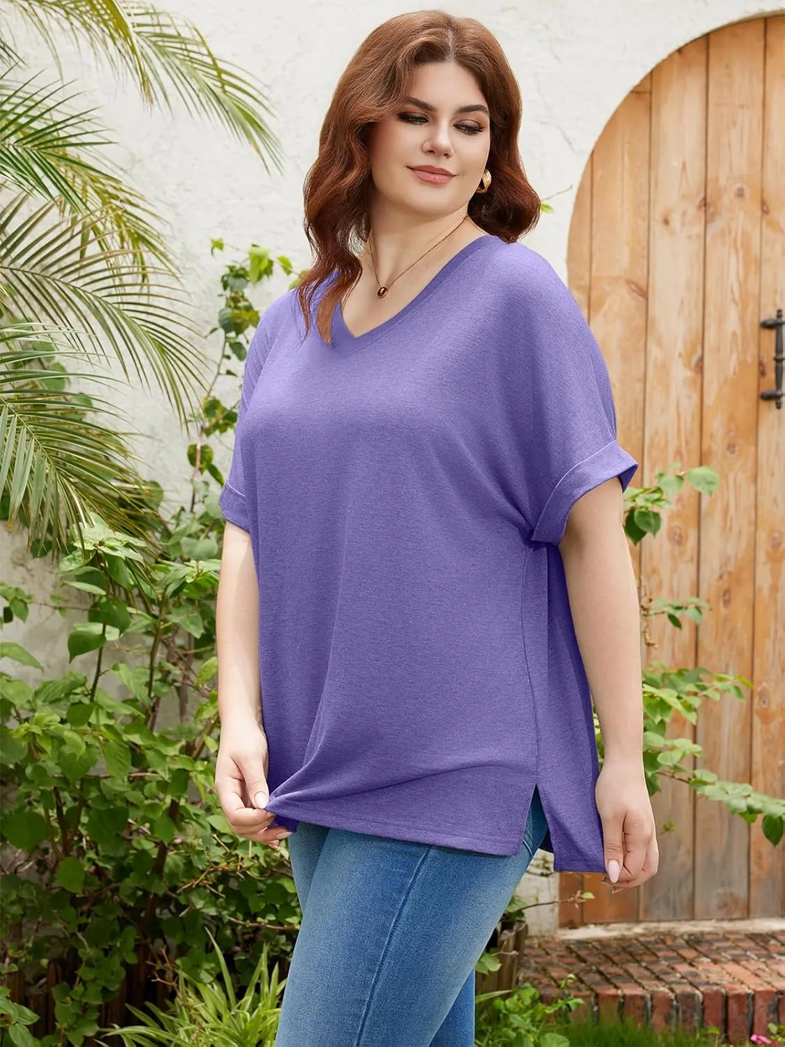 TAKEYAL Plus Size Tops for Women Rolled Sleeve V Neck Side Split T Shirts Stylish Tees Summer Casual Shirts XL-5XL