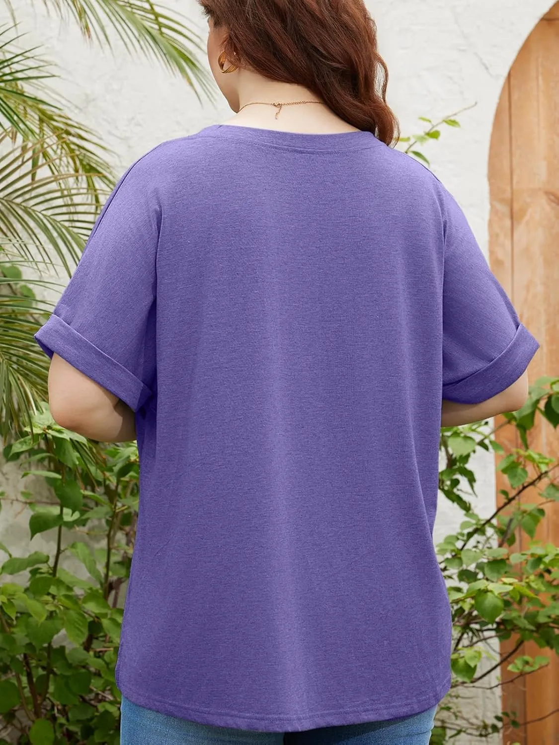 TAKEYAL Plus Size Tops for Women Rolled Sleeve V Neck Side Split T Shirts Stylish Tees Summer Casual Shirts XL-5XL