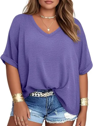 TAKEYAL Plus Size Tops for Women Rolled Sleeve V Neck Side Split T Shirts Stylish Tees Summer Casual Shirts XL-5XL