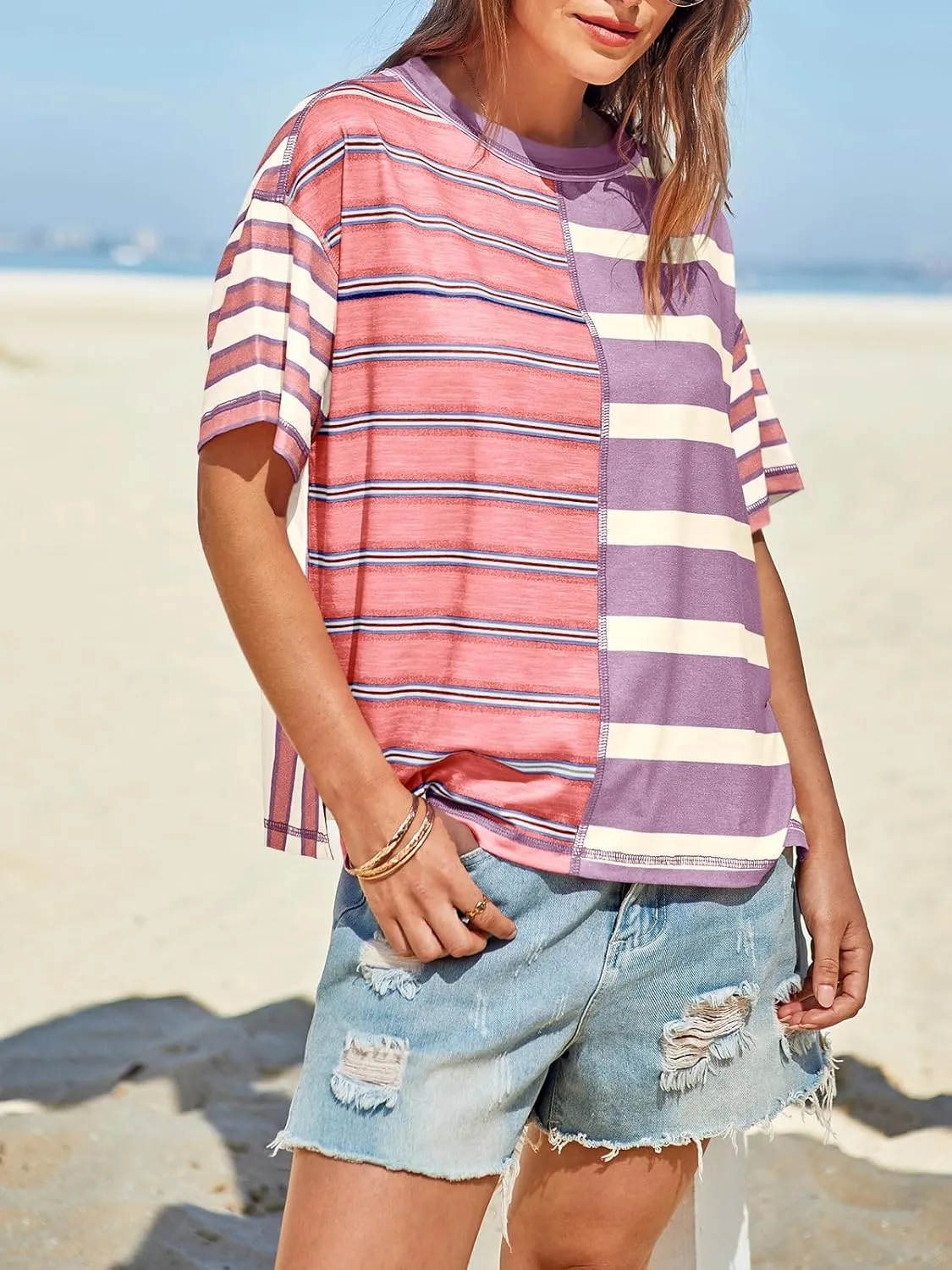 Tankaneo Womens Summer Striped Shirts Casual Color Block Short Sleeve Tops Loose Fit Crew Neck Tees