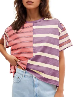 Tankaneo Womens Summer Striped Shirts Casual Color Block Short Sleeve Tops Loose Fit Crew Neck Tees