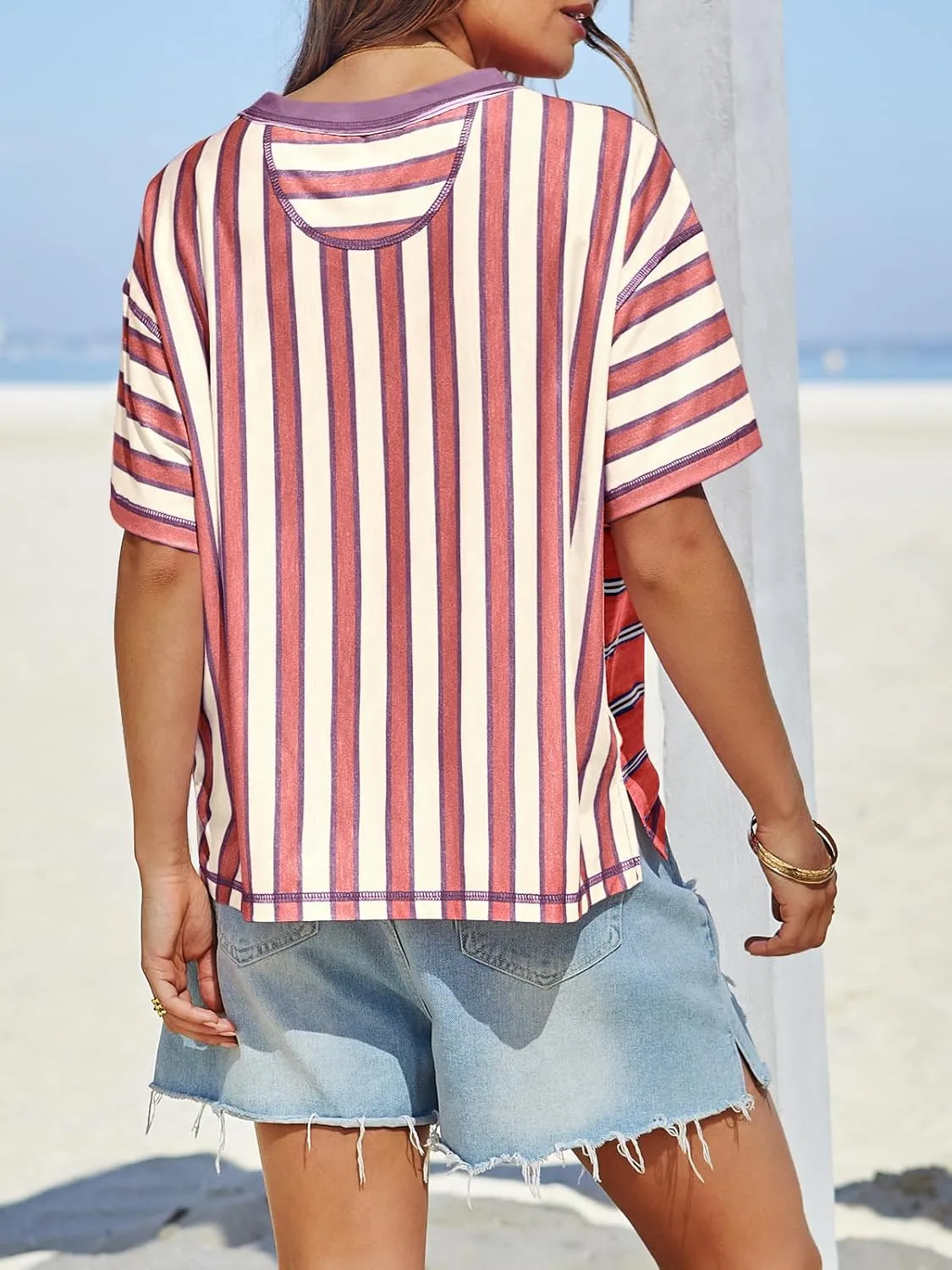 Tankaneo Womens Summer Striped Shirts Casual Color Block Short Sleeve Tops Loose Fit Crew Neck Tees