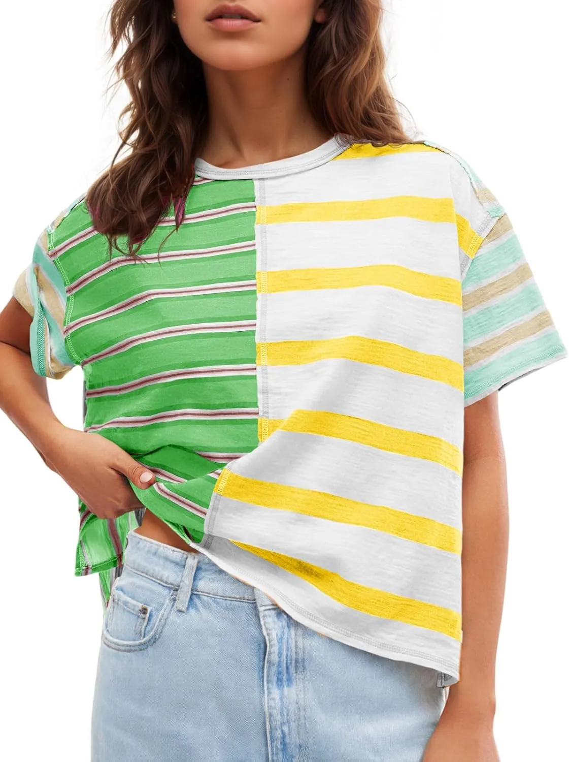 Tankaneo Womens Summer Striped Shirts Casual Color Block Short Sleeve Tops Loose Fit Crew Neck Tees