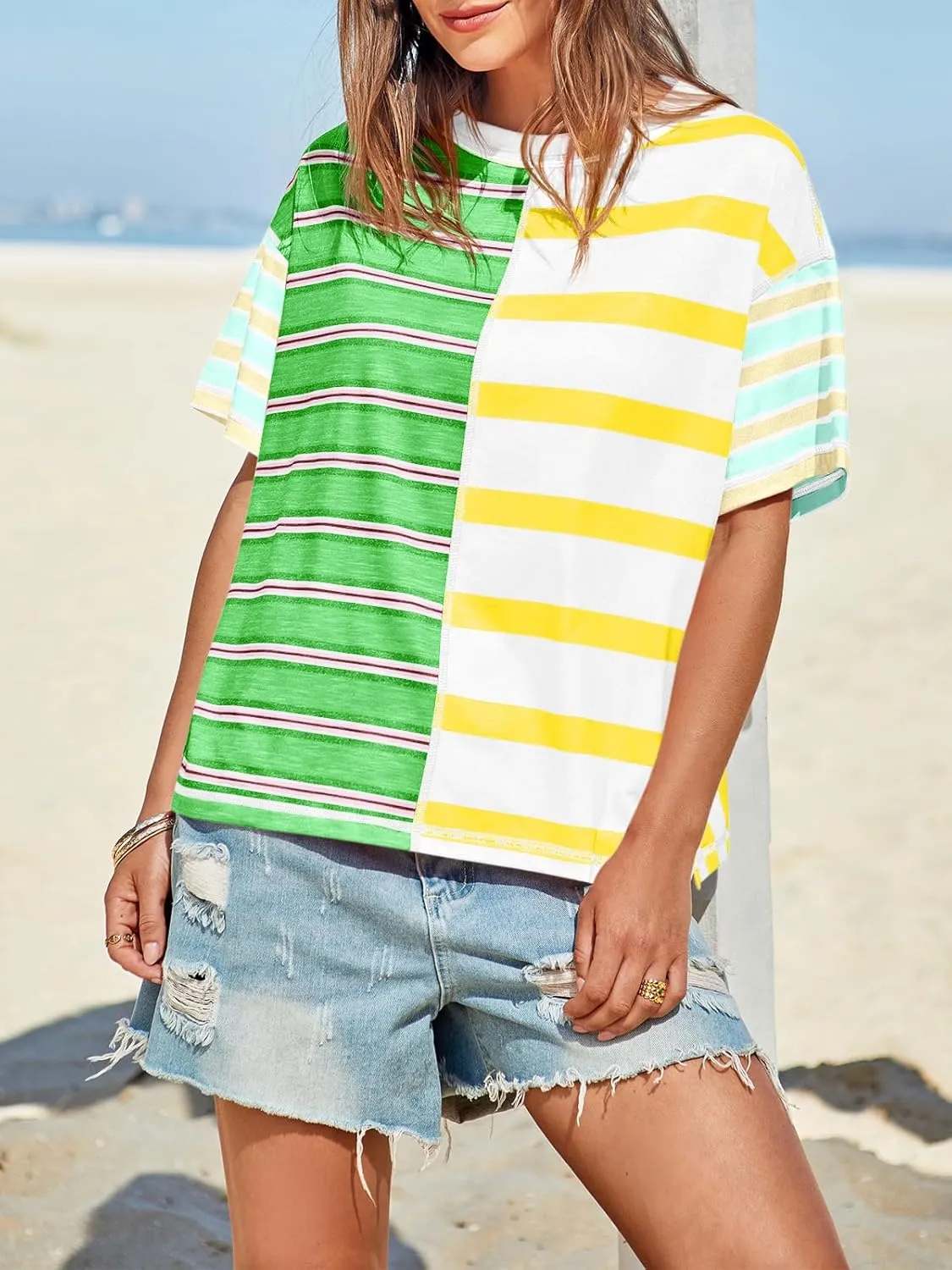 Tankaneo Womens Summer Striped Shirts Casual Color Block Short Sleeve Tops Loose Fit Crew Neck Tees
