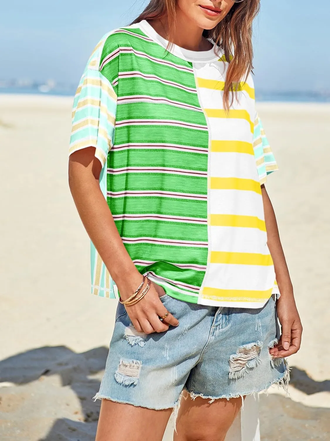Tankaneo Womens Summer Striped Shirts Casual Color Block Short Sleeve Tops Loose Fit Crew Neck Tees