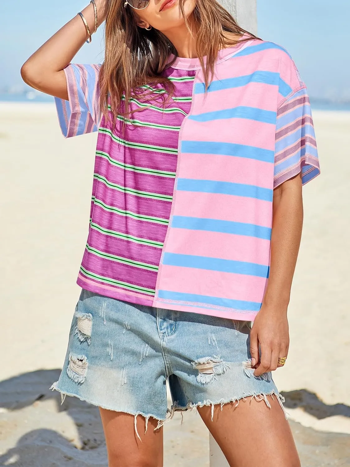 Tankaneo Womens Summer Striped Shirts Casual Color Block Short Sleeve Tops Loose Fit Crew Neck Tees