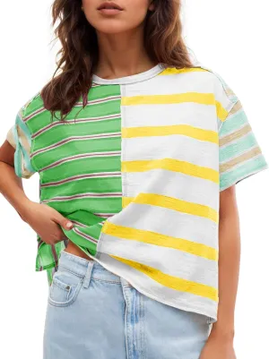 Tankaneo Womens Summer Striped Shirts Casual Color Block Short Sleeve Tops Loose Fit Crew Neck Tees