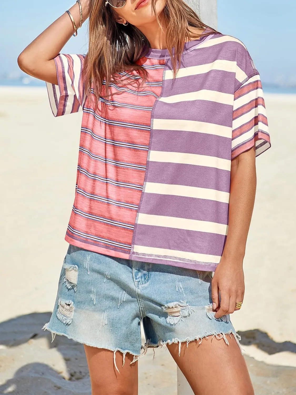 Tankaneo Womens Summer Striped Shirts Casual Color Block Short Sleeve Tops Loose Fit Crew Neck Tees