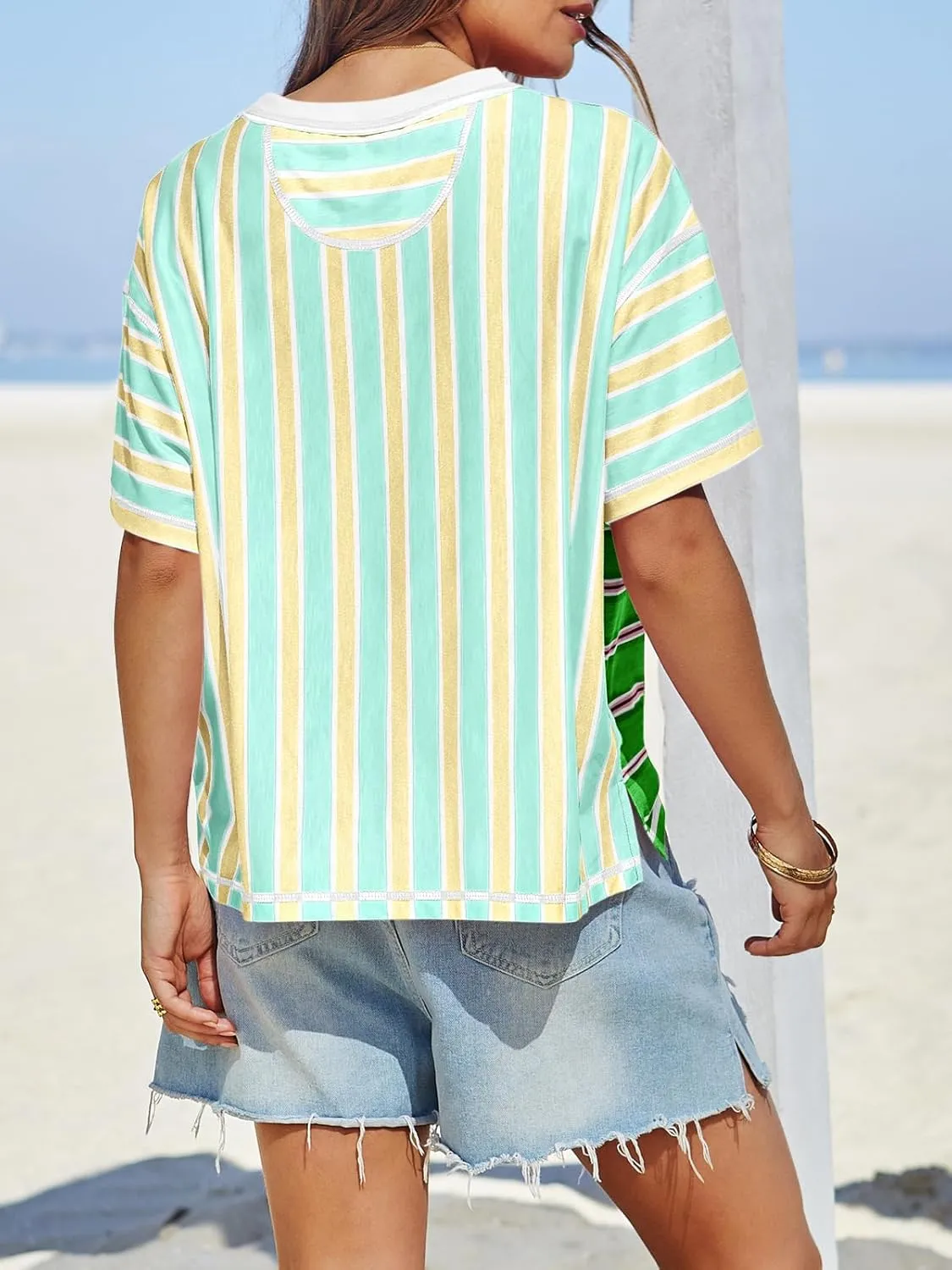 Tankaneo Womens Summer Striped Shirts Casual Color Block Short Sleeve Tops Loose Fit Crew Neck Tees