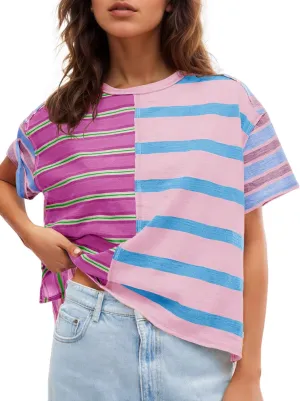Tankaneo Womens Summer Striped Shirts Casual Color Block Short Sleeve Tops Loose Fit Crew Neck Tees