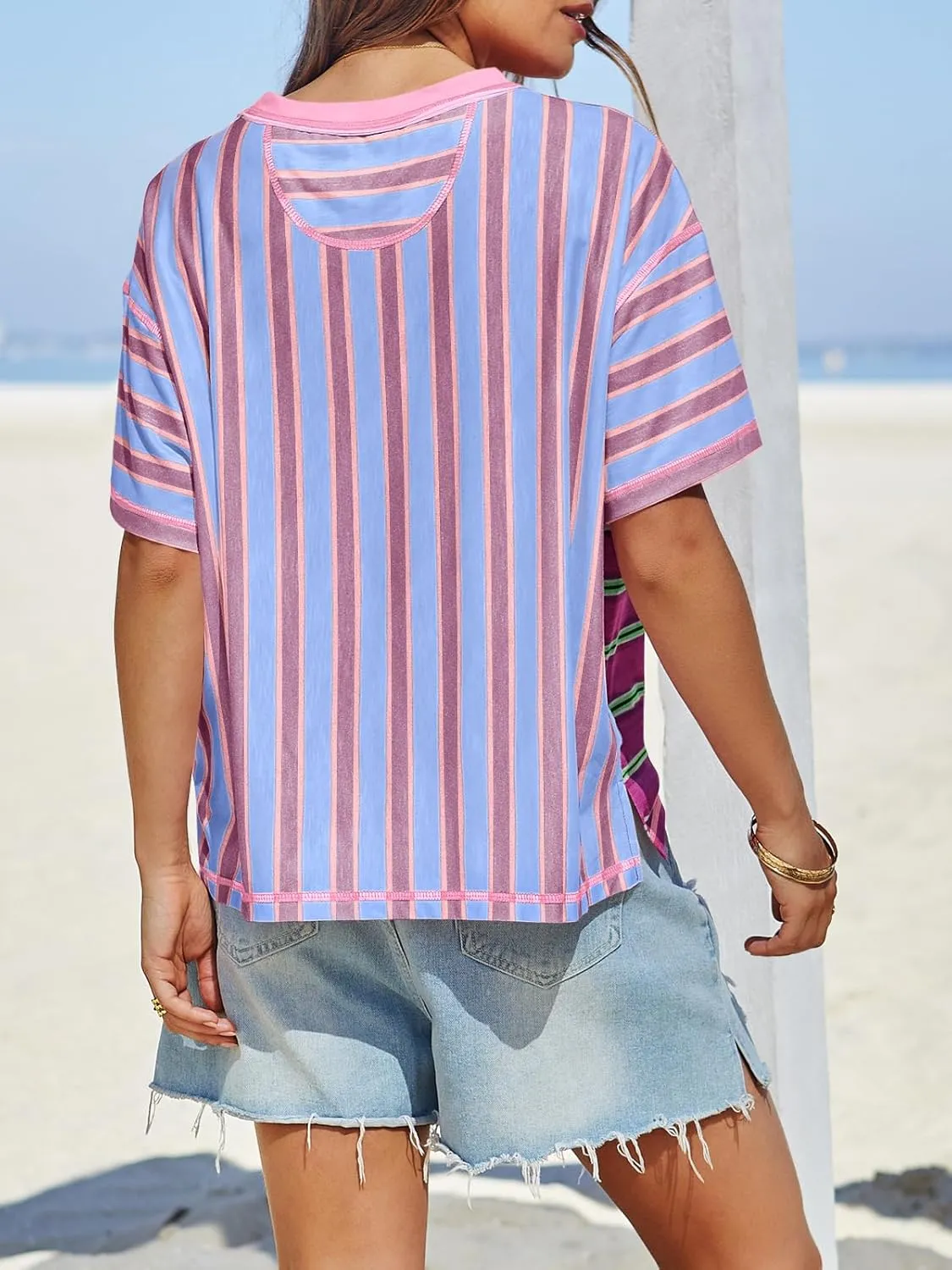 Tankaneo Womens Summer Striped Shirts Casual Color Block Short Sleeve Tops Loose Fit Crew Neck Tees