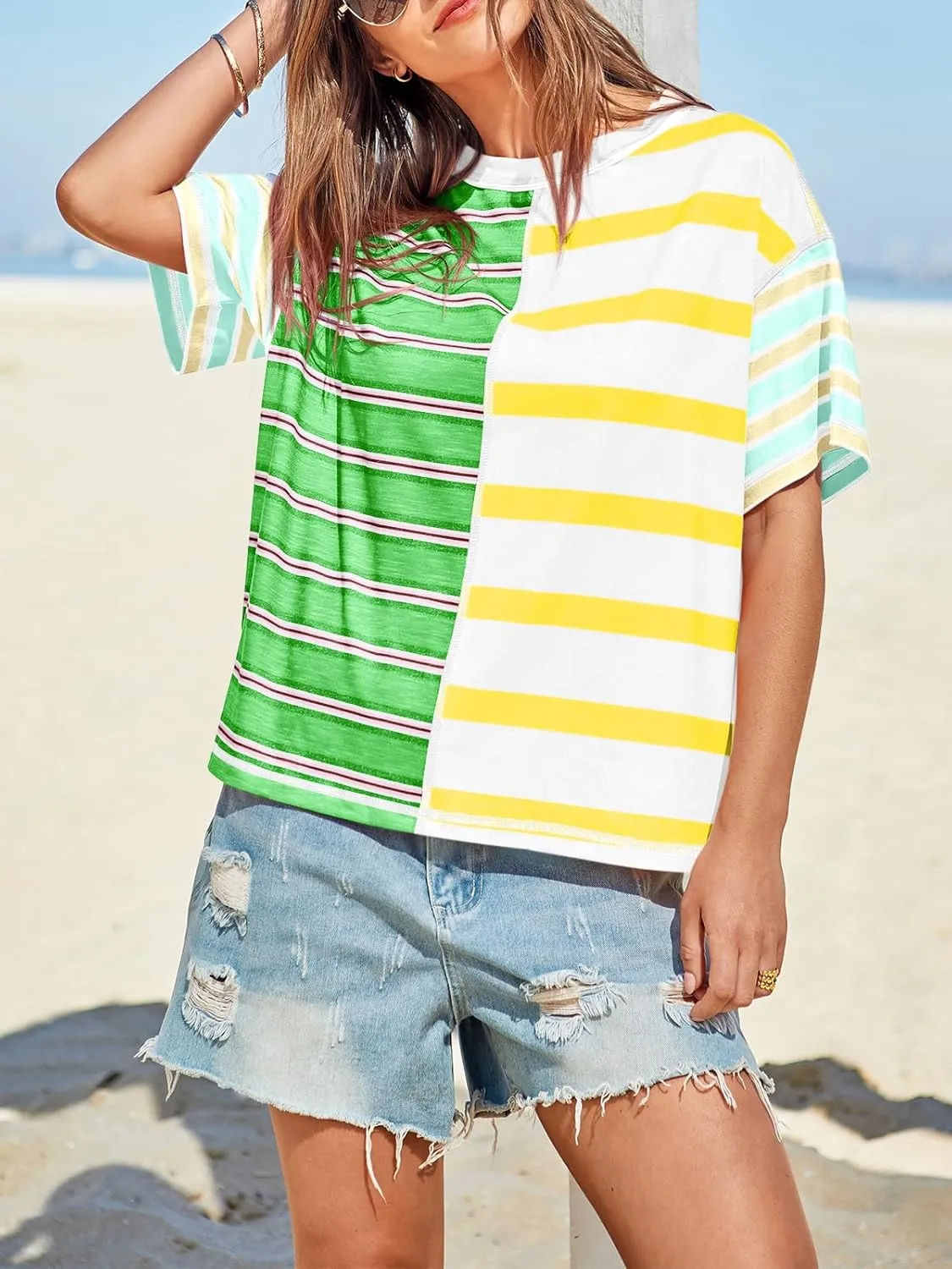 Tankaneo Womens Summer Striped Shirts Casual Color Block Short Sleeve Tops Loose Fit Crew Neck Tees